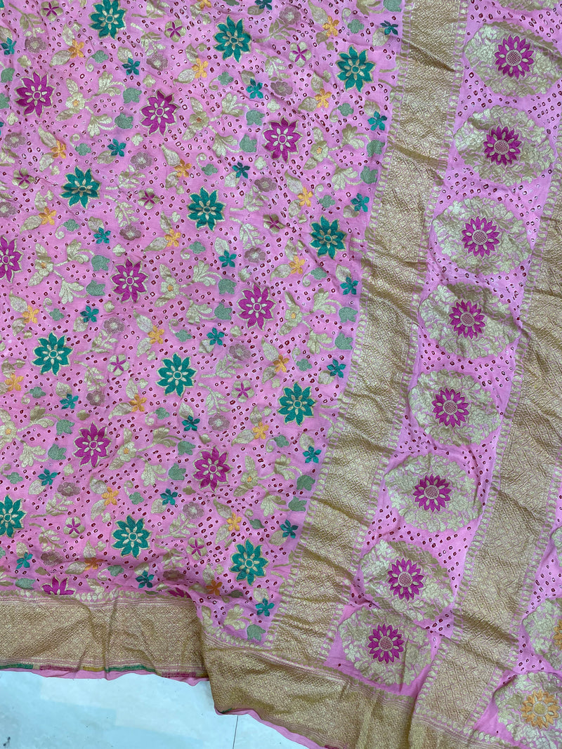 Pure Georgette Banarasi Bandhej Handloom Saree - with meenakari work - The Handlooms