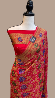 Pure Georgette Banarasi Bandhej Handloom Saree - with meenakari work - The Handlooms