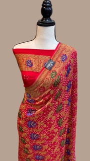 Pure Georgette Banarasi Bandhej Handloom Saree - with meenakari work - The Handlooms