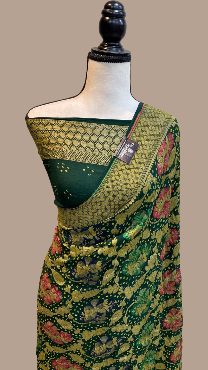 Pure Georgette Banarasi Bandhej Handloom Saree - with meenakari work - The Handlooms