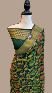 Pure Georgette Banarasi Bandhej Handloom Saree - with meenakari work - The Handlooms