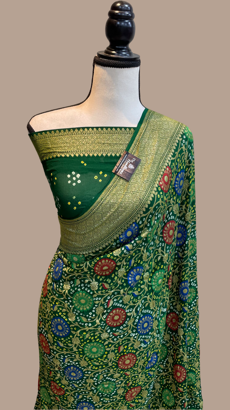 Pure Georgette Banarasi Bandhej Handloom Saree - with meenakari work - The Handlooms