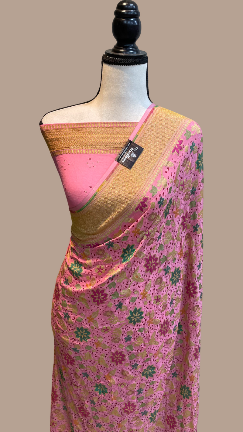Pure Georgette Banarasi Bandhej Handloom Saree - with meenakari work - The Handlooms