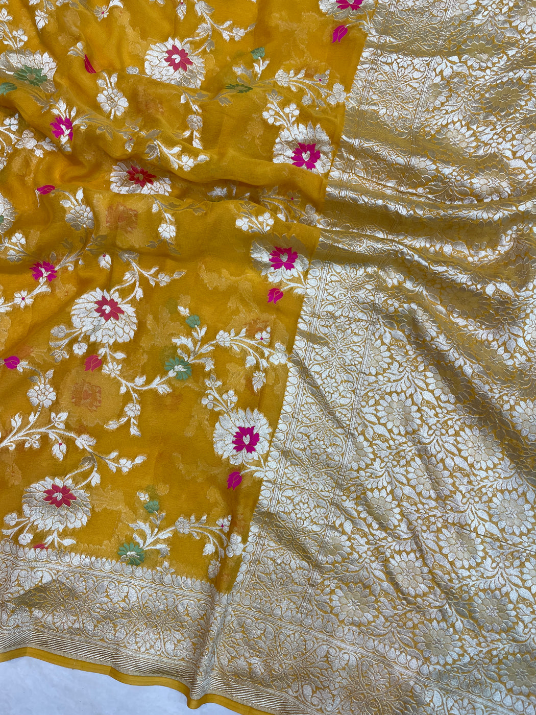 Onion Pink Khaddi Georgette Handloom Banarasi Saree - All over Jaal Work with meenakari