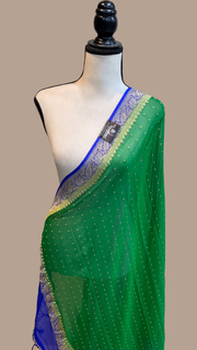 Pure Georgette Handwoven Dupatta - Green purple Gold zari - The Handlooms