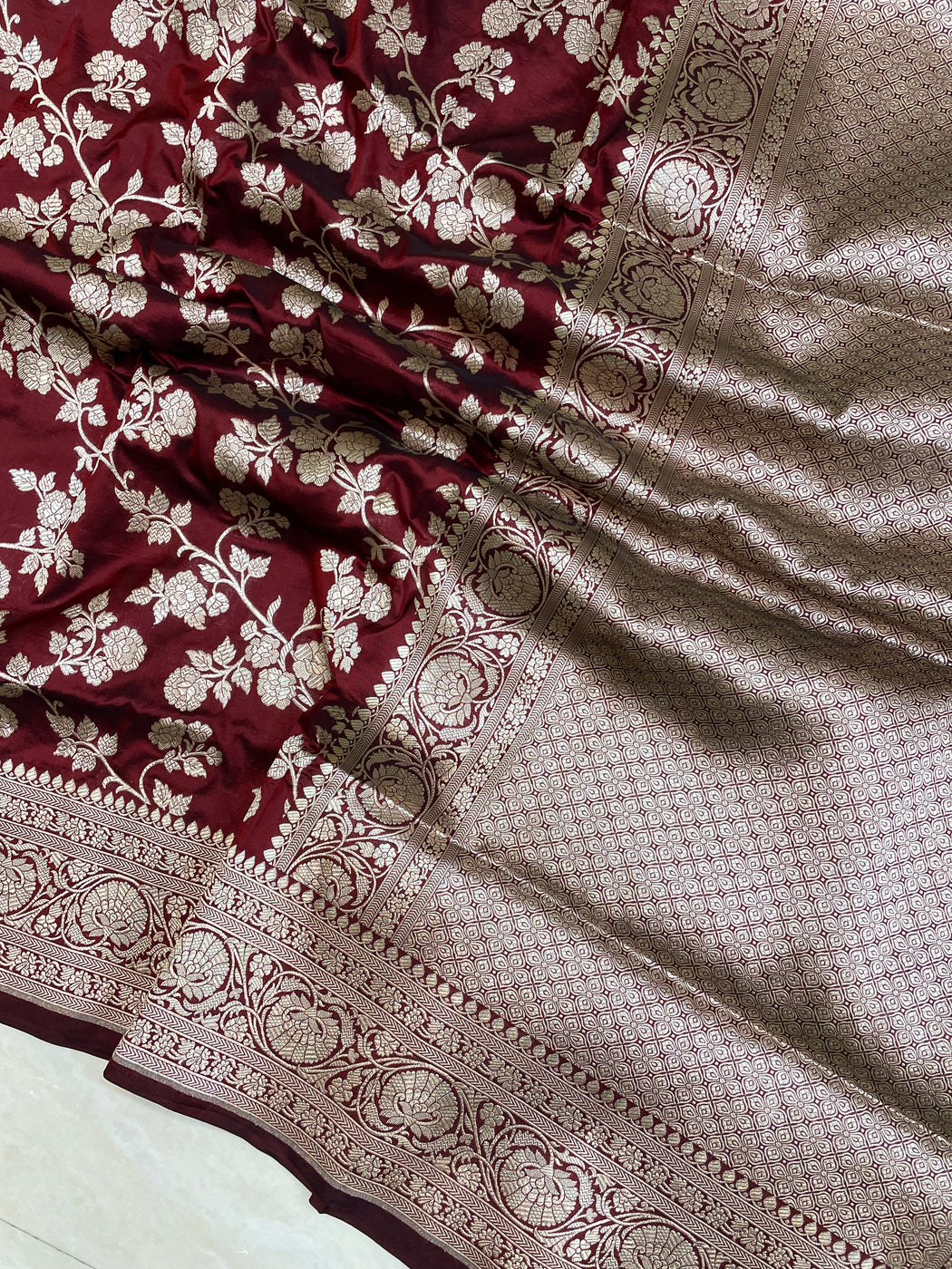 Maroon Pure Katan Silk Banarasi Handloom Saree - All Over Jaal Work 