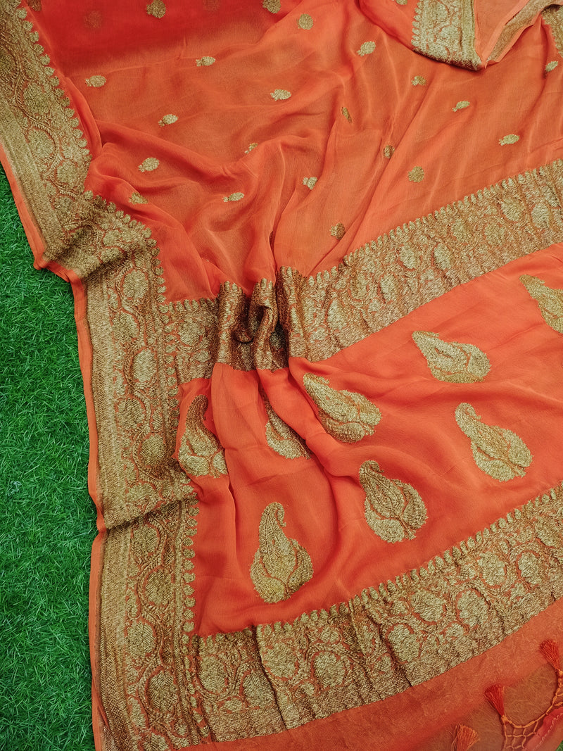 Pure Georgette Banarasi Saree - Antique Zari - The Handlooms