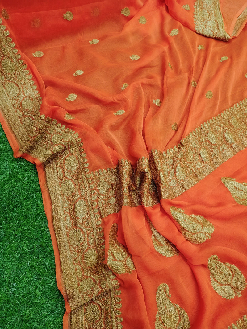 Pure Georgette Banarasi Saree - Antique Zari - The Handlooms