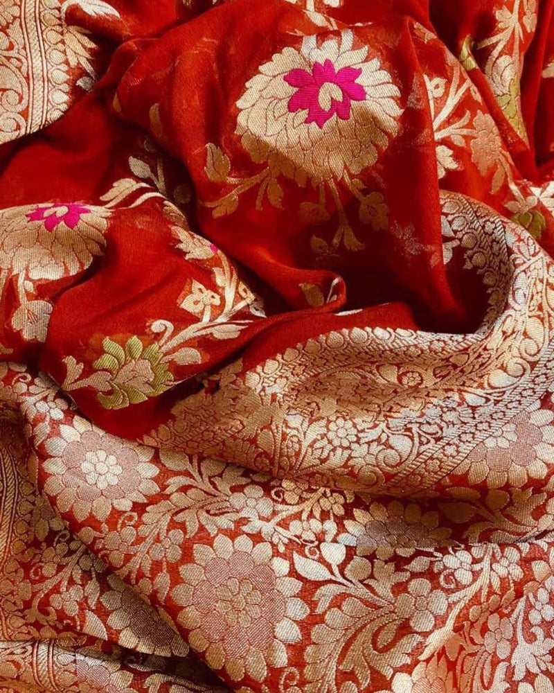 Khaddi Georgette Handloom Banarasi Saree - All over Jaal Work with meenakari - The Handlooms