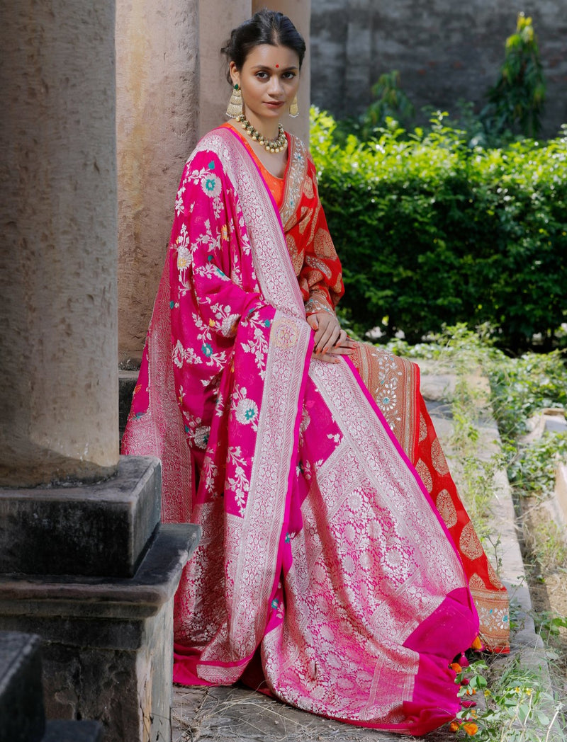 Pure Khaddi Georgette Dupatta - Jaal Work with meenakari - The Handlooms