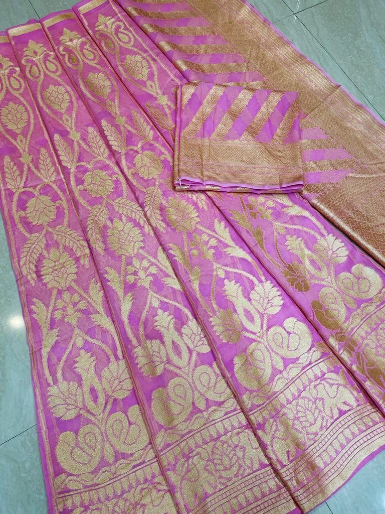 Pink Pure Khaddi Georgette Handloom Banarasi Lehenga - Stitched - The Handlooms