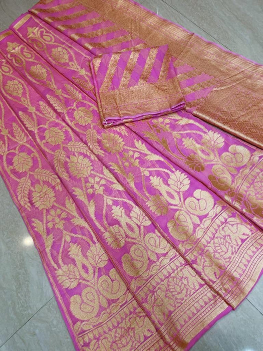 Pink Pure Khaddi Georgette Handloom Banarasi Lehenga - Stitched - The Handlooms