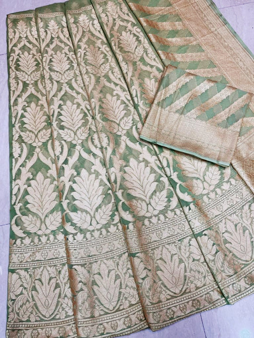 Pista Pure Khaddi Georgette Handloom Banarasi Lehenga - Stitched - The Handlooms