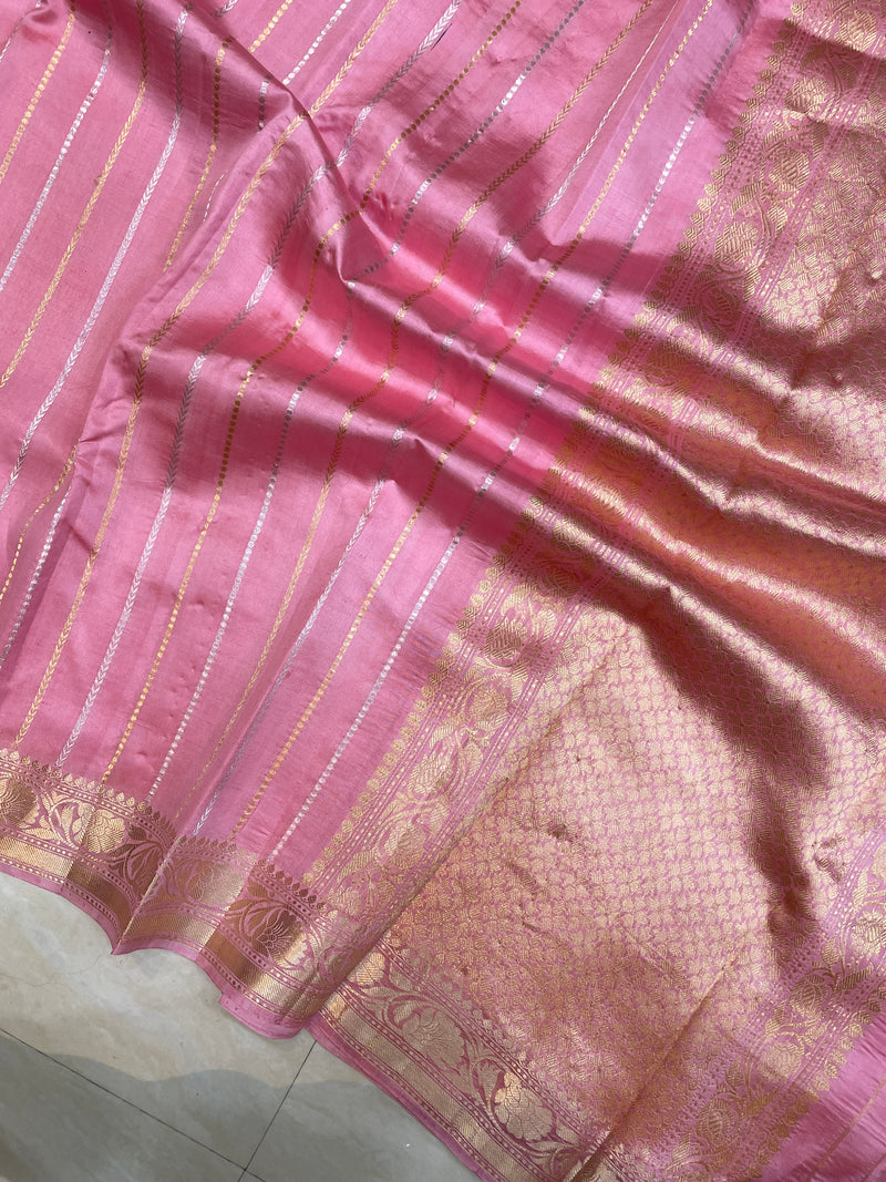 Pure Katan Silk Banarasi Handloom Saree - All over Kadua stripe - The Handlooms