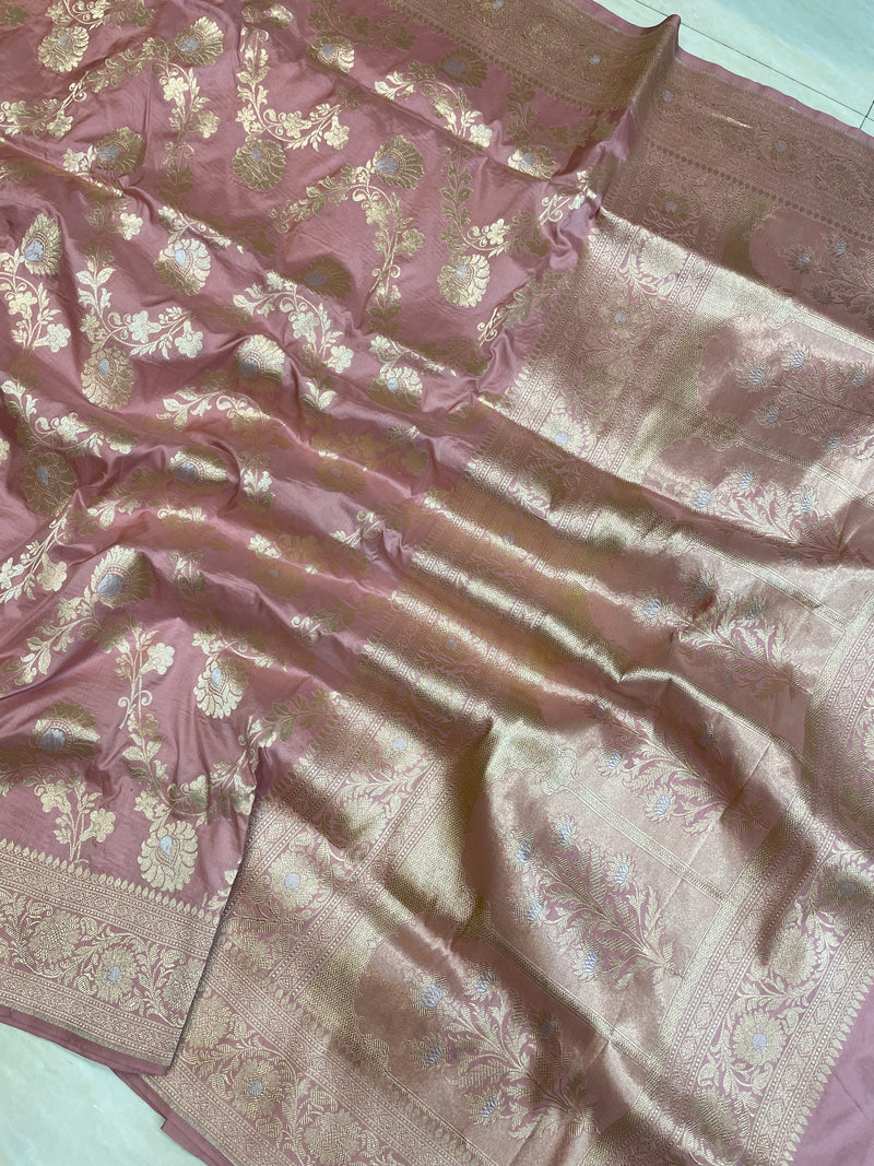 Pure Katan Silk Banarasi Handloom Saree - All over Sona Roopa Jaal Work - The Handlooms