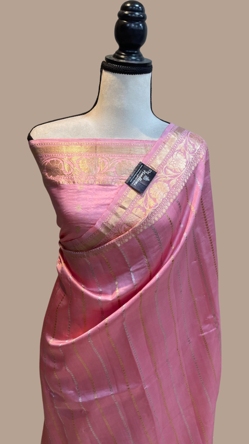 Pure Katan Silk Banarasi Handloom Saree - All over Kadua stripe - The Handlooms