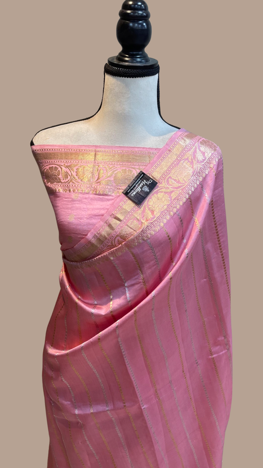 Pure Katan Silk Banarasi Handloom Saree - All over Kadua stripe - The Handlooms