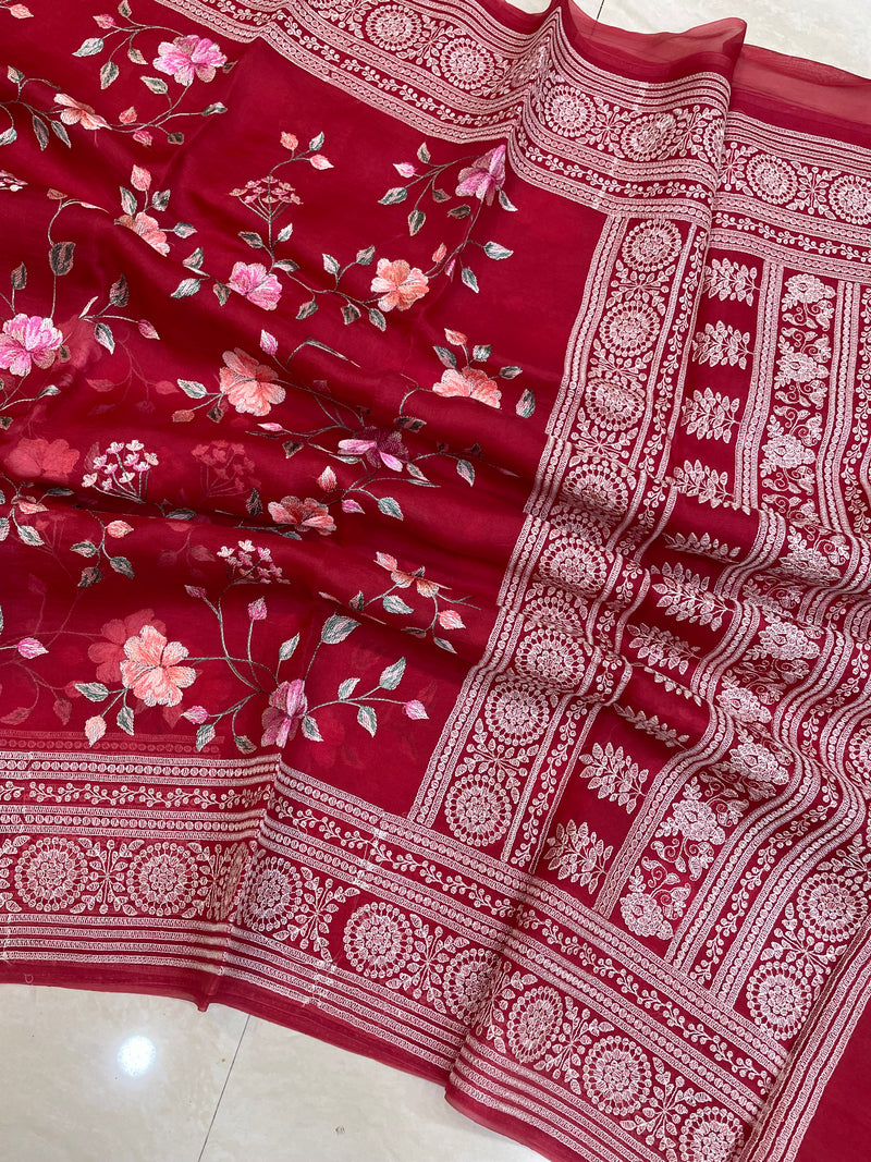 Pure Organza Chikankari Handloom Banarasi Saree - The Handlooms
