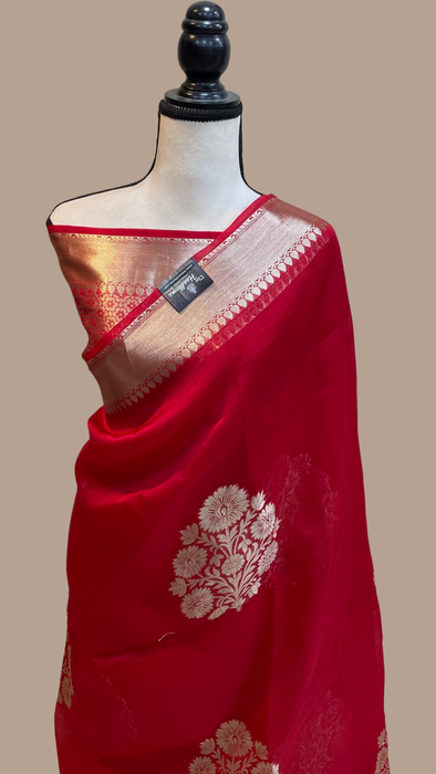 Red Pure Kora Handloom Banarasi Saree - The Handlooms