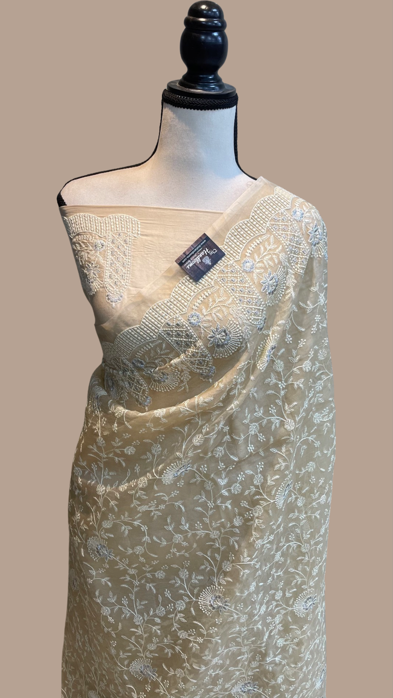 Pure organza Chikankari Handloom Banarasi Saree - The Handlooms