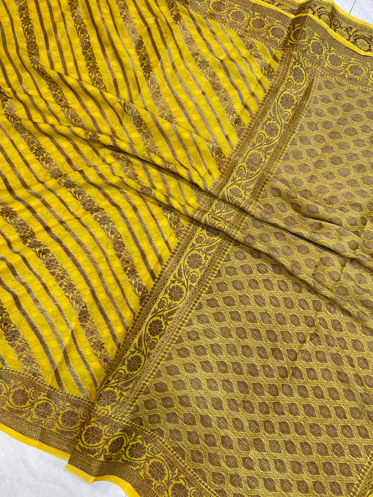 Mustard Yellow Pure Chiffon Khaddi Banarasi Saree - The Handlooms