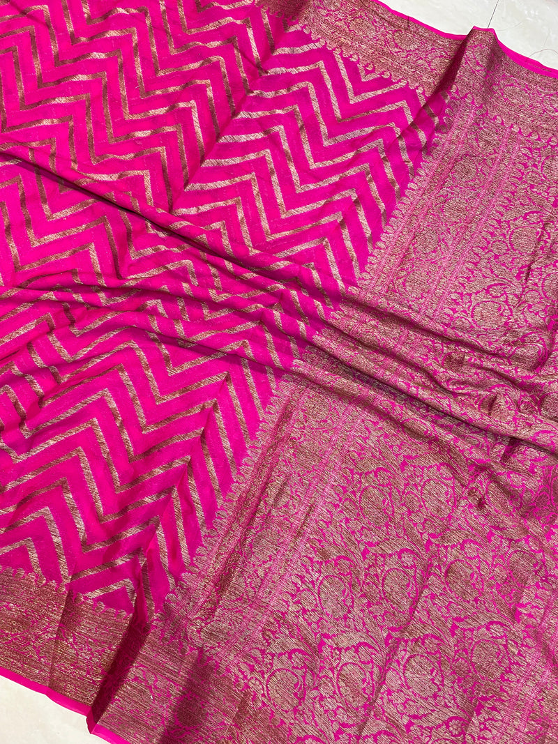 Hot Pink Pure Chiffon Khaddi Banarasi Saree - The Handlooms