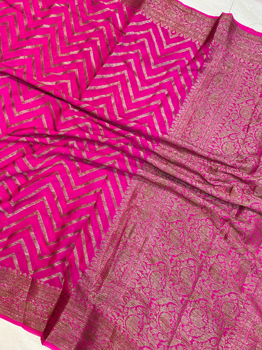 Hot Pink Pure Chiffon Khaddi Banarasi Saree - The Handlooms