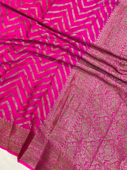 Hot Pink Pure Chiffon Khaddi Banarasi Saree - The Handlooms