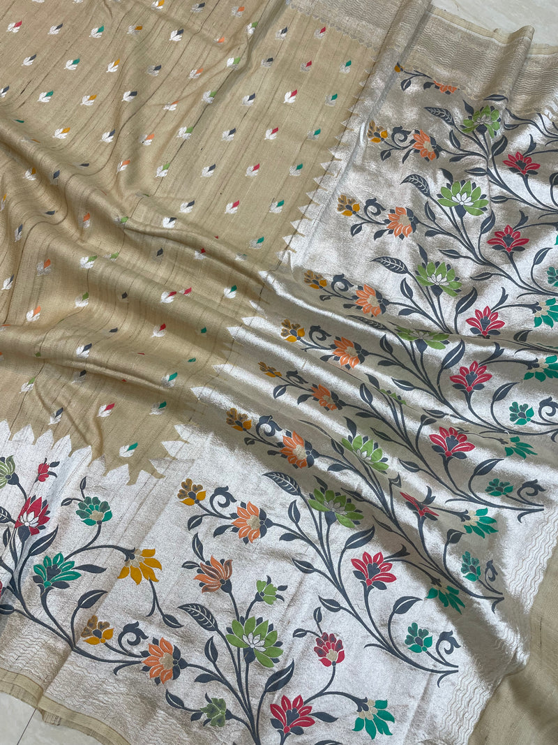 Tussar Georgette Handloom Banarasi Saree - Paithani Border - The Handlooms
