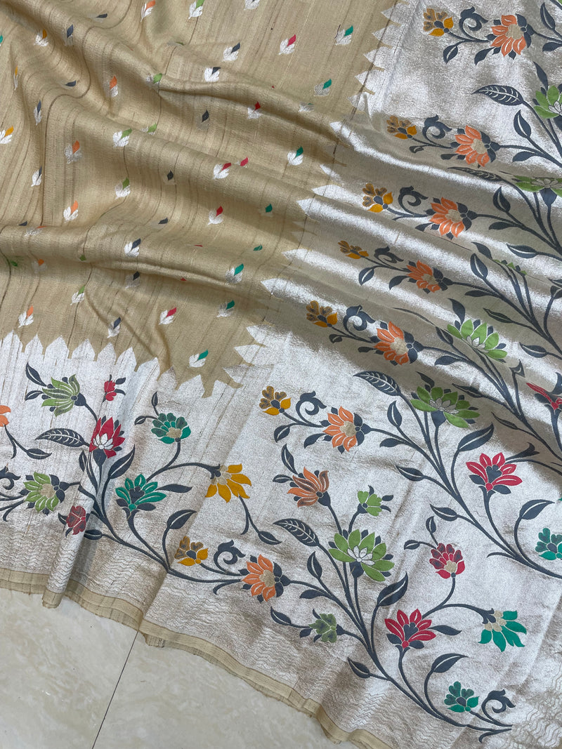 Tussar Georgette Handloom Banarasi Saree - Paithani Border - The Handlooms
