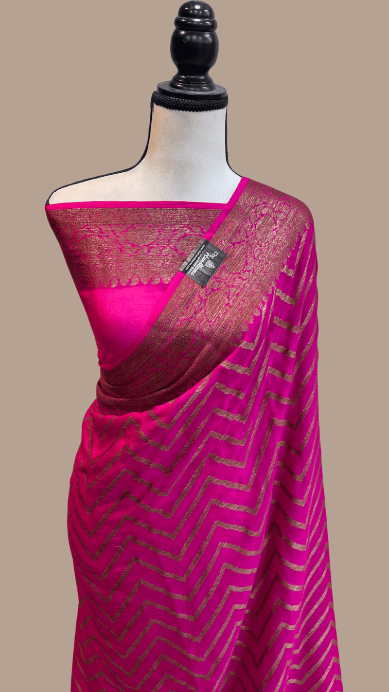 Hot Pink Pure Chiffon Khaddi Banarasi Saree - The Handlooms