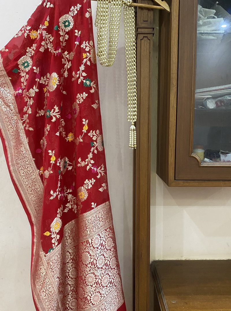 Pure Khaddi Georgette Dupatta - Jaal Work with meenakari - The Handlooms