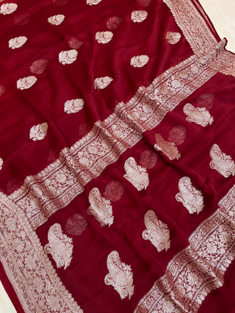 Maroon Pure Georgette Banarasi Handloom Saree - The Handlooms