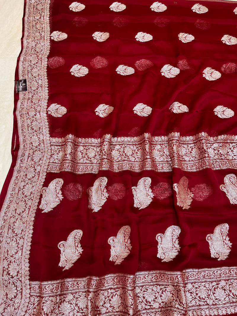 Maroon Pure Georgette Banarasi Handloom Saree - The Handlooms