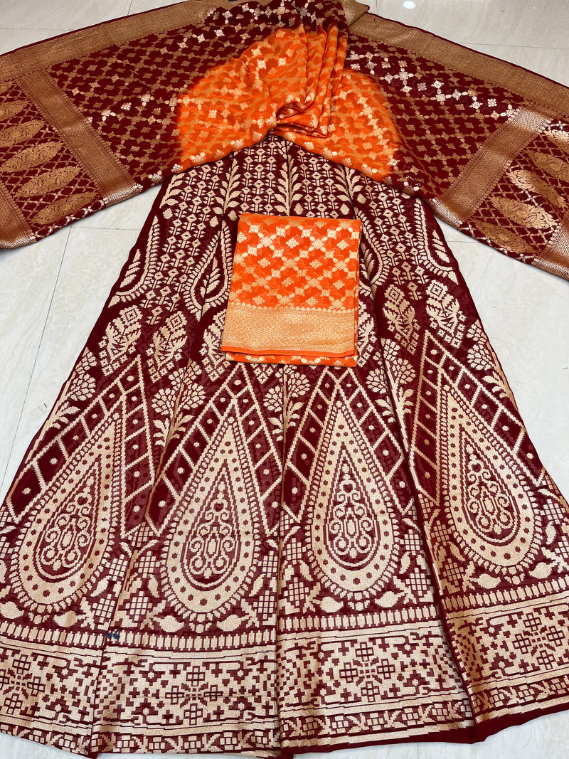 Pure Khaddi Georgette Handloom Banarasi Lehenga - Stithced - The Handlooms