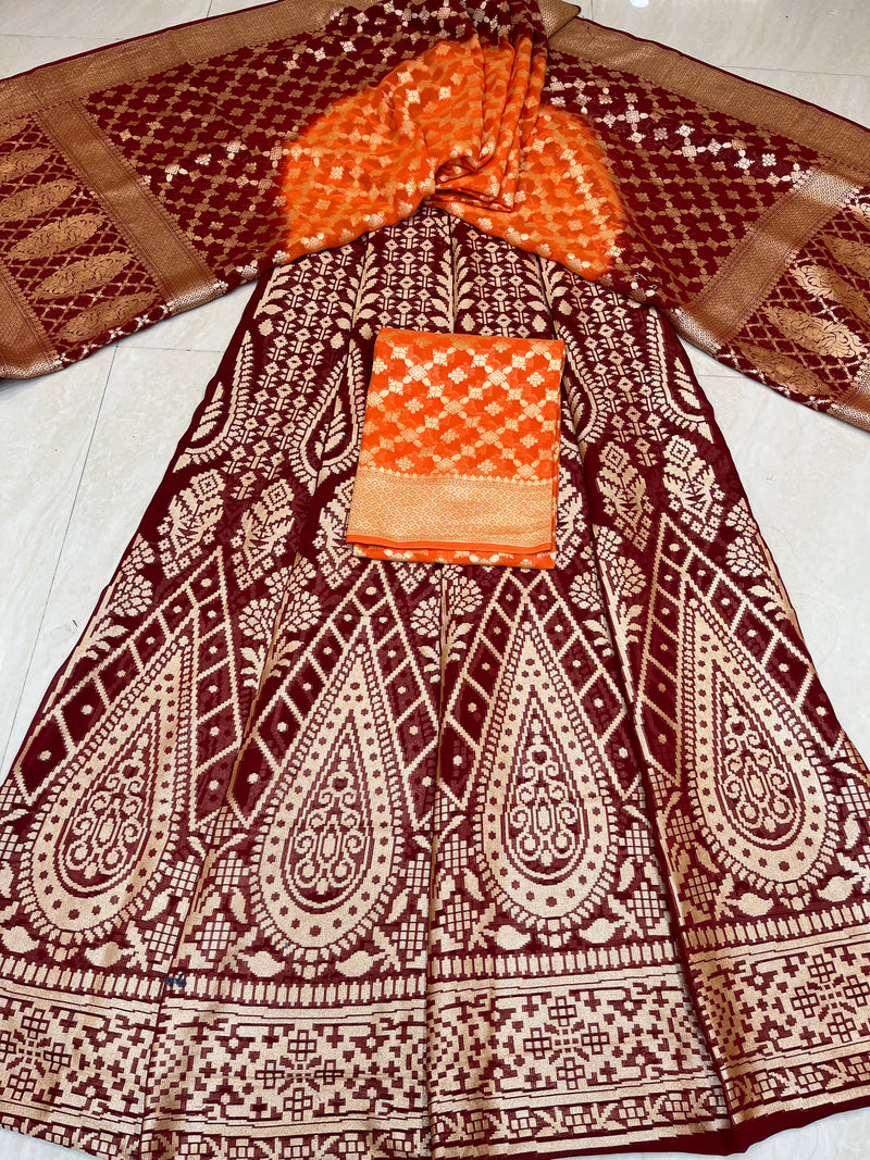Pure Khaddi Georgette Handloom Banarasi Lehenga - Stithced - The Handlooms