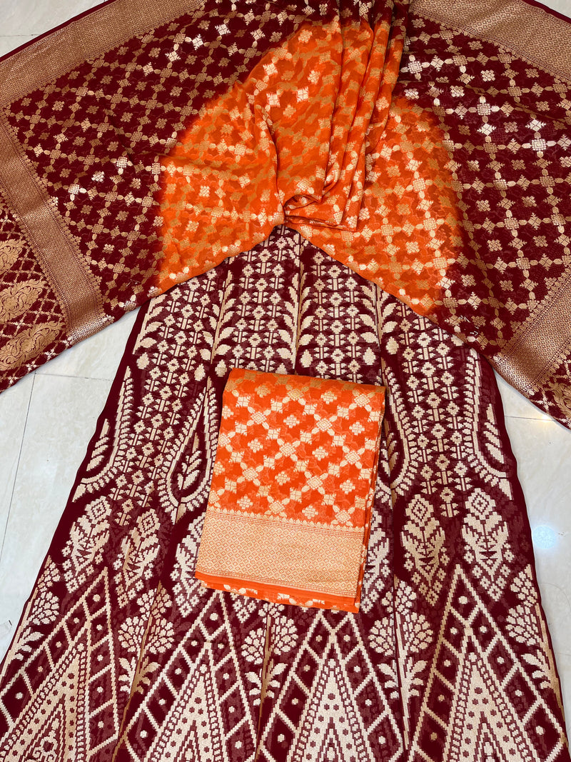 Pure Khaddi Georgette Handloom Banarasi Lehenga - Stithced - The Handlooms