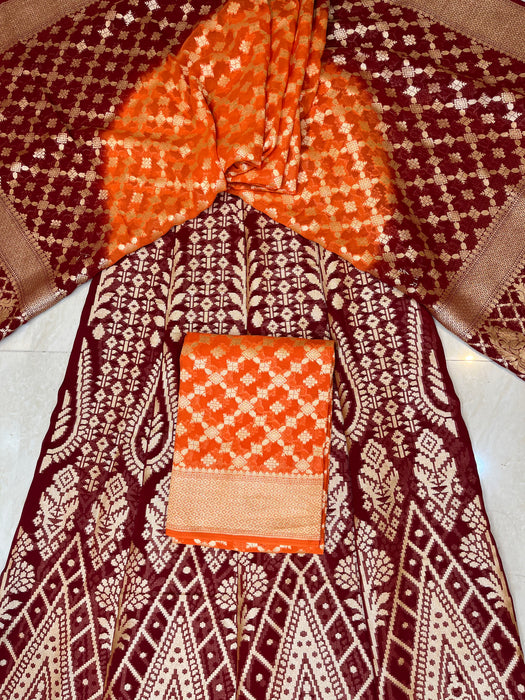 Pure Khaddi Georgette Handloom Banarasi Lehenga - Stithced - The Handlooms