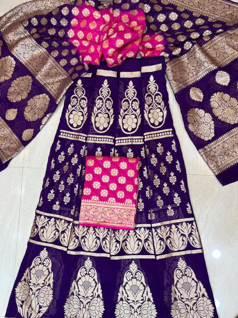 Pure Khaddi Georgette Handloom Banarasi Lehenga - Stitched - The Handlooms