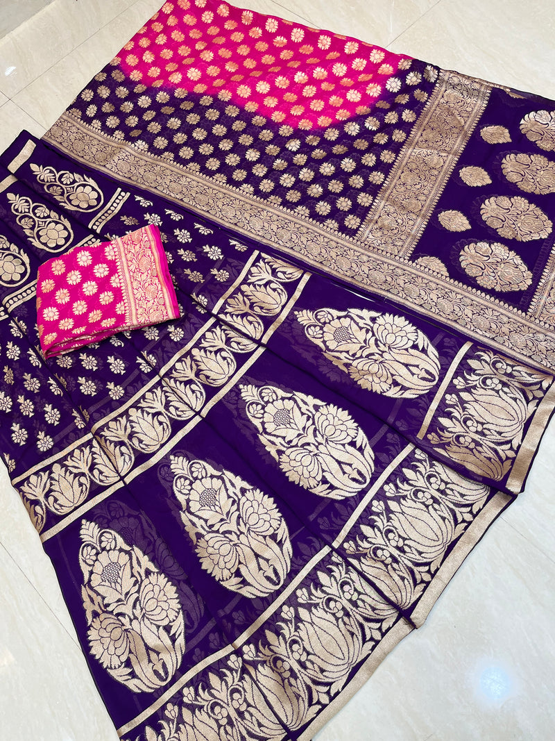 Pure Khaddi Georgette Handloom Banarasi Lehenga - Stitched - The Handlooms