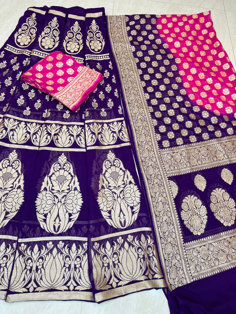 Pure Khaddi Georgette Handloom Banarasi Lehenga - Stitched - The Handlooms