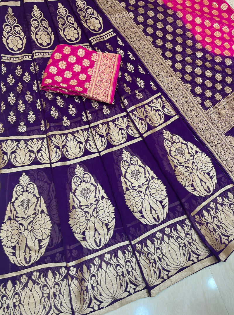 Pure Khaddi Georgette Handloom Banarasi Lehenga - Stitched - The Handlooms