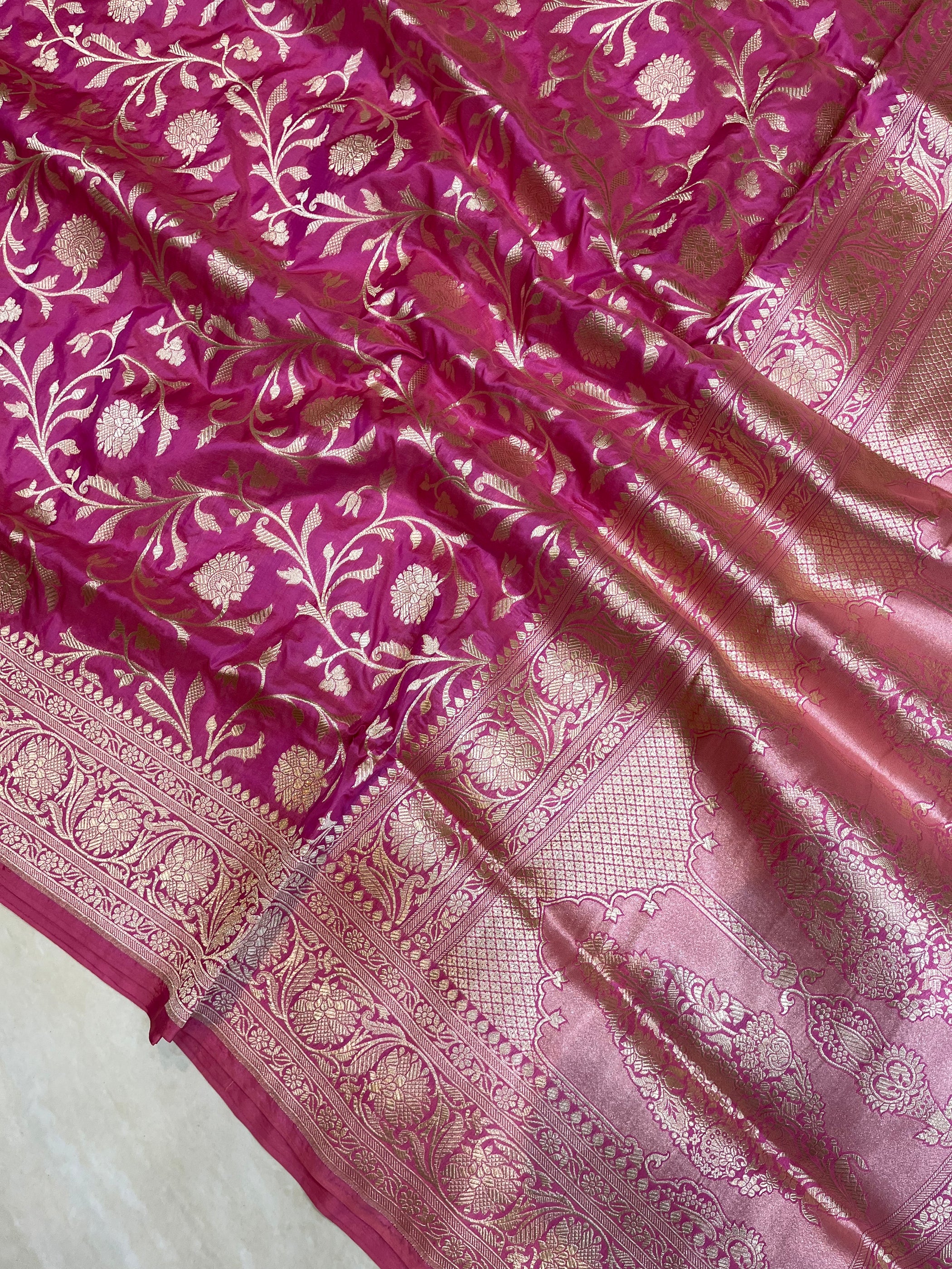 Strawberry Pure Katan Silk Banarasi Handloom Saree All over Jaal wor