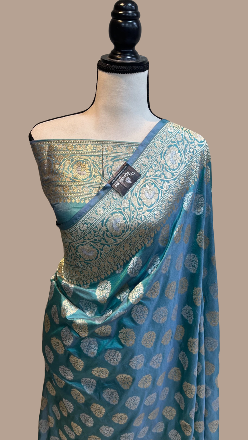 Sea Blue Pure Katan Silk Banarasi Handloom Saree - All over Sona Roopa work - The Handlooms