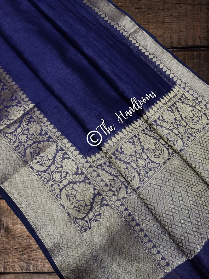 Pure linen Banarasi  Navy Blue Saree - The Handlooms