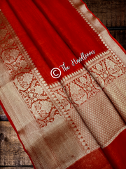 Pure linen Banarasi  Red Saree - The Handlooms