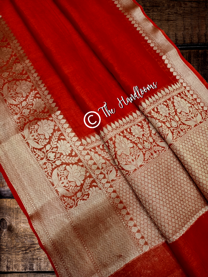 Pure linen Banarasi  Red Saree - The Handlooms