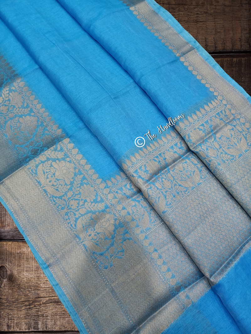 Pure linen Banarasi Saree - Sky Blue - The Handlooms