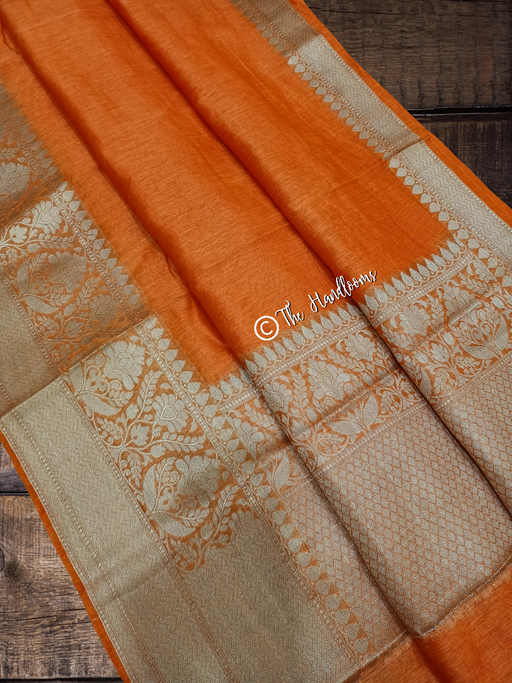 Pure linen Banarasi Saree - Orange - The Handlooms