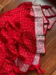 Pure Georgette Dupatta - Red silver zari - The Handlooms